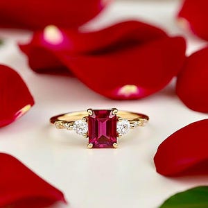 Vintage Emerald Cut Ruby Engagement Ring, 14k Gold Wedding Ring, Emerald Solitaire CZ Diamond Ring, Prong Set Simulated Promise Ring For Her