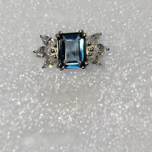 Emerald Cut London Blue Topaz Ring, Sterling Silver, Marquise Side Stones