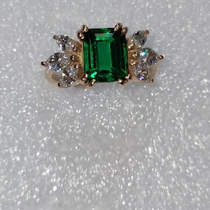 Vintage Emerald Engagement Ring: 14K Gold, Simulated Diamond Accents