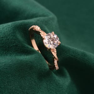 Moissanite Engagement Ring,Moissanite Ring, Twist Band Design Ring, 7mm Round 1.25CT, Solid Rose Gold Minimalist Simulated Diamond Ring