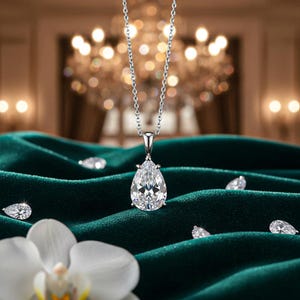 May include: A silver necklace with a pear-shaped diamond pendant. The pendant is the focal point, set against a dark green velvet backdrop. Several loose diamonds are scattered around the necklace, and a white flower is in the foreground.
