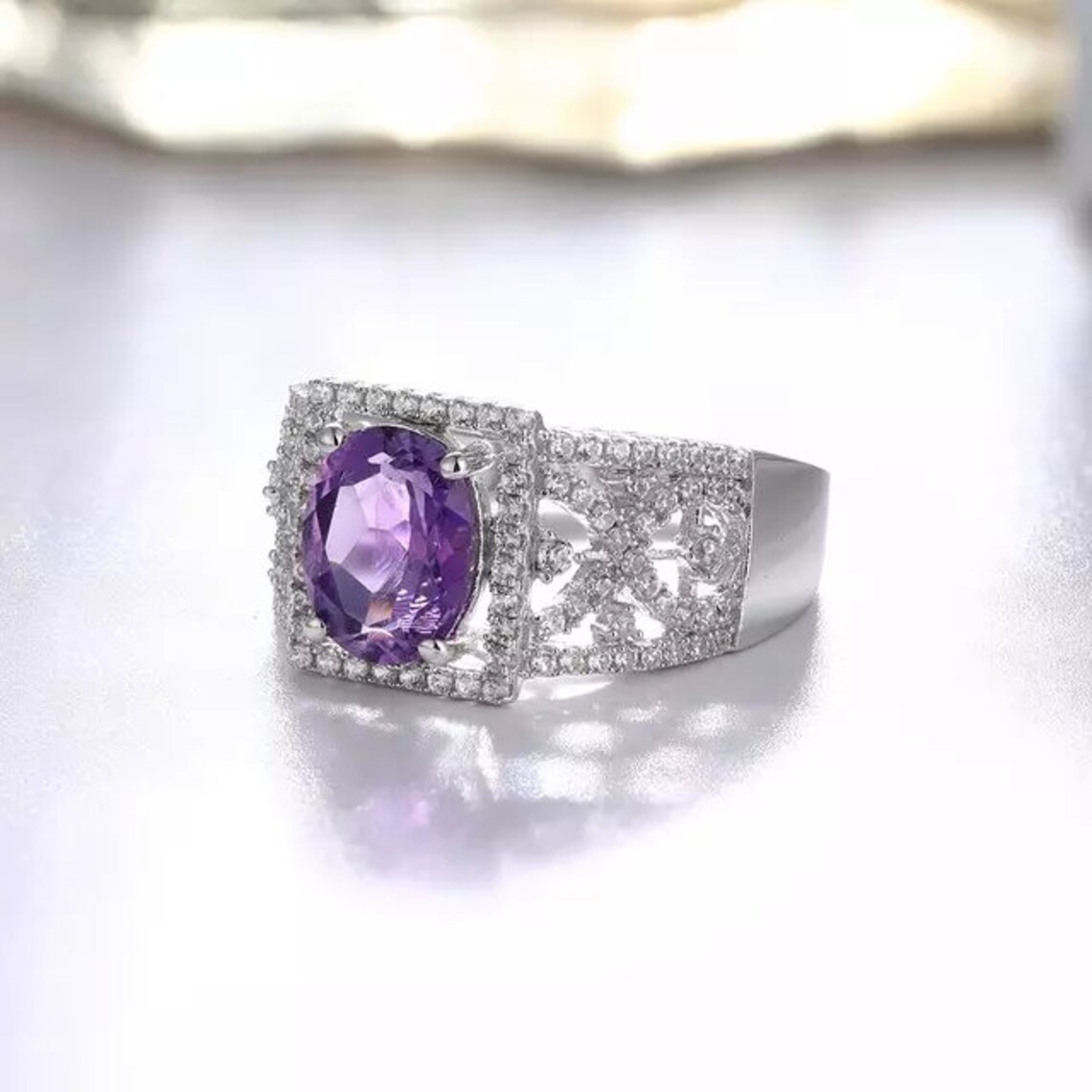 Amethyst Wedding Ring 925 Sterling Silver Oval cut Purple