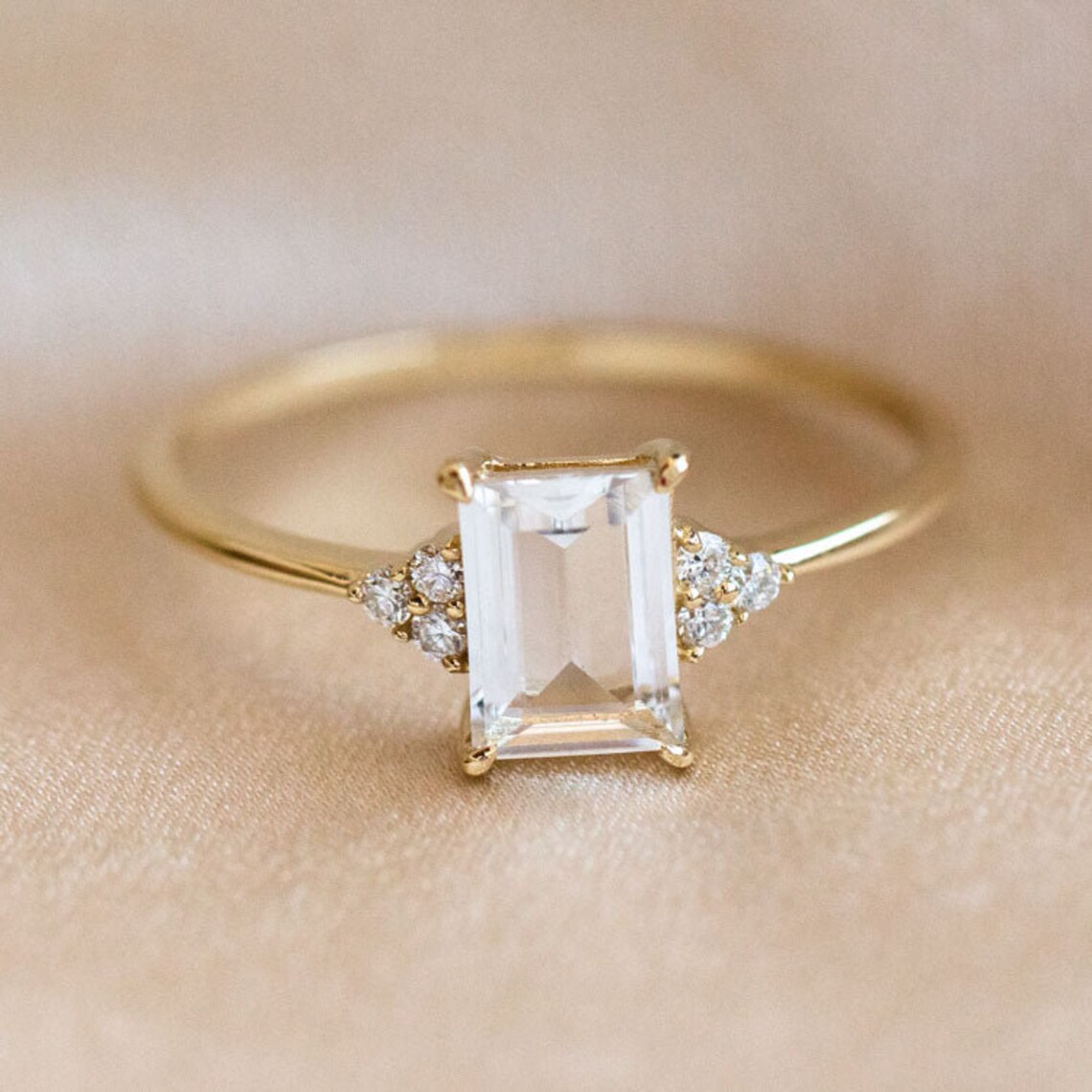 White Topaz Engagement Ring 4ct Emerald Cut Solid 14K Gold - Etsy