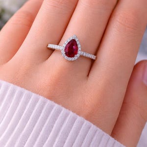 Ruby Teardrop Engagement Ring: Sterling Silver Pear Solitaire
