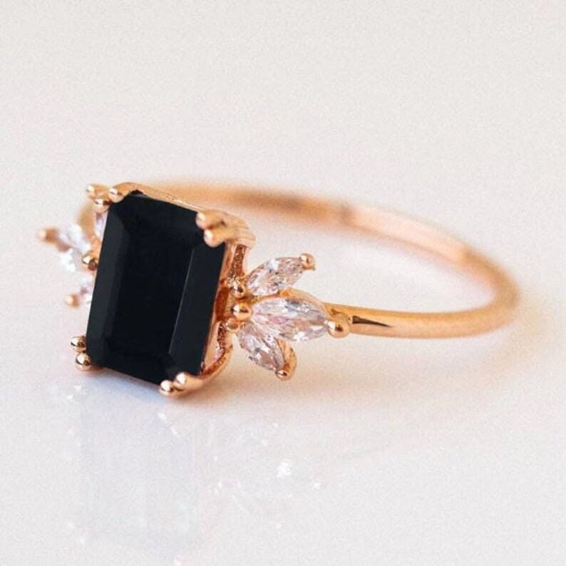 Black Onyx Engagement Ring Emerald Cut 14K Rose Gold Etsy