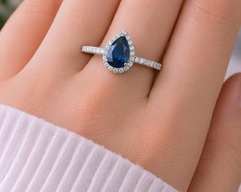 Pear Sapphire Engagement Ring: Halo Sterling Silver, September Birthstone