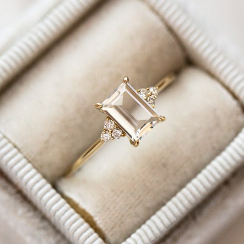 White Topaz Engagement Ring 4ct Emerald Cut Solid 14K Gold Etsy