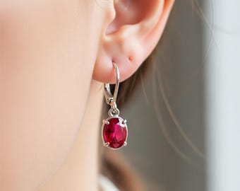 Ruby Leverback Dangle Earrings: 925 Sterling Silver, July Birthstone