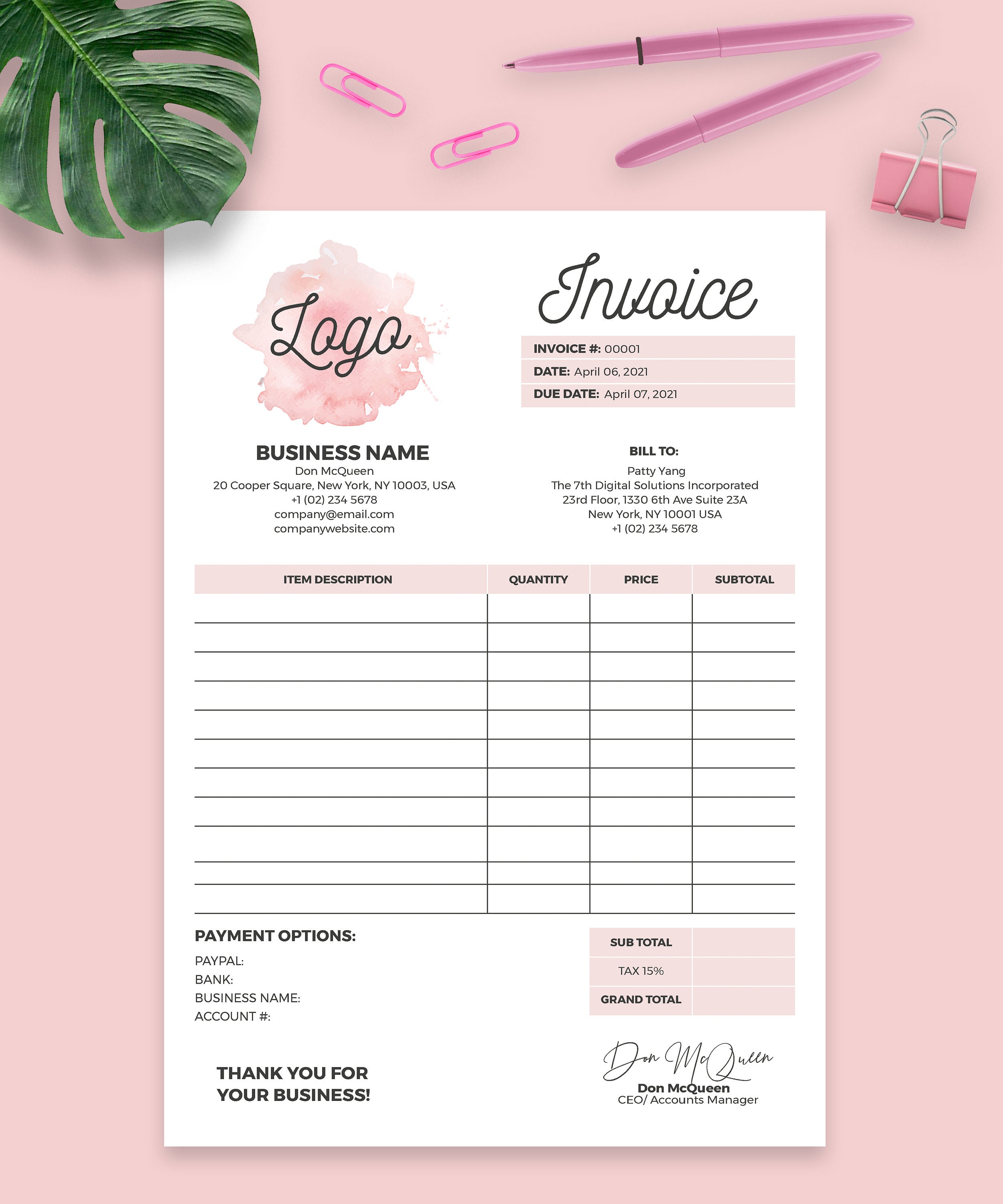 Invoice Template Printable Invoice Invoice Template Etsy