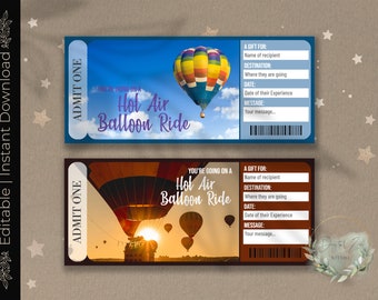 Könnte beinhalten: Zwei druckbare Tickets für eine Fahrt im Heißluftballon. Die Tickets sind blau und braun mit einem weißen Rand. Die Tickets haben den Text "You're going on a Hot Air Balloon Ride" und "ADMIT ONE". Die Tickets haben auch Platz für den Namen des Empfängers, das Ziel, das Datum und eine Nachricht.