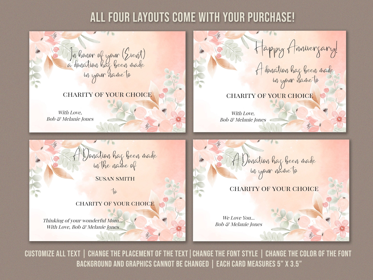 Floral DONATION ENCLOSURE CARD, Customizable Template (digital Download ...