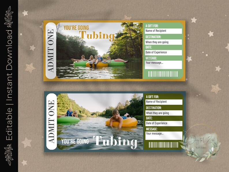 Printable TUBING Surprise Reveal Ticket, Gift Voucher, RIVER TUBING, Inner Tube, Floating Down ...