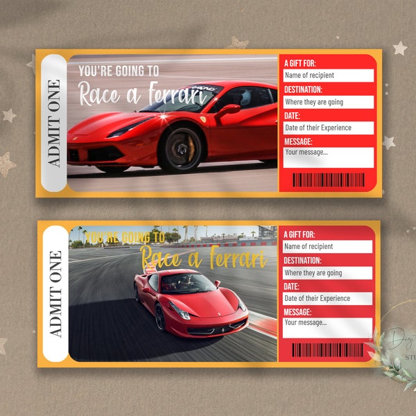 Druckbares RACE A FERRARI Surprise Reveal Ticket, Geschenkgutschein, bearbeitbare Event Ticket Vorlage, Fahrerlebnis, Supercar, Herunterladen, diy