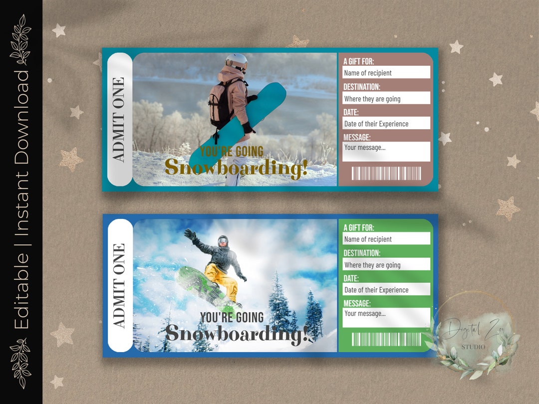 Printable SNOWBOARDING Surprise Reveal Ticket, Gift Voucher, Editable