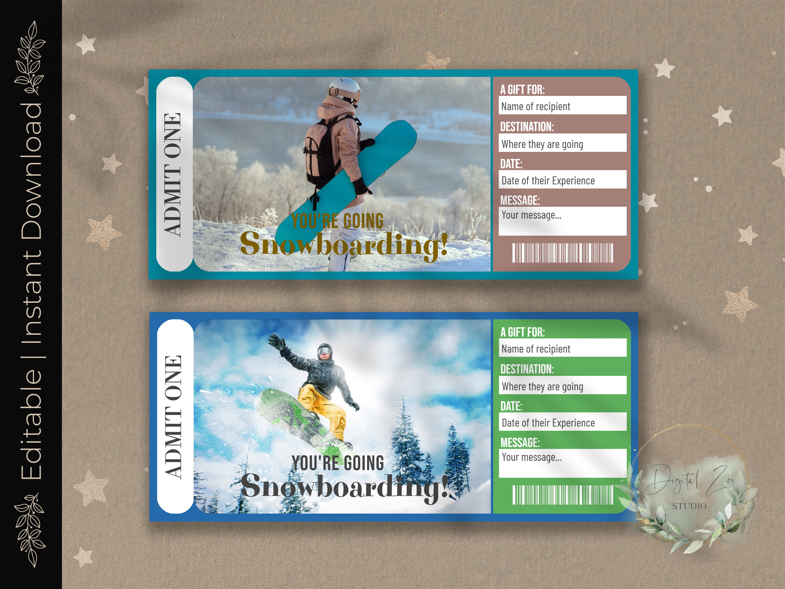Printable SNOWBOARDING Surprise Reveal Ticket, Gift Voucher, Editable