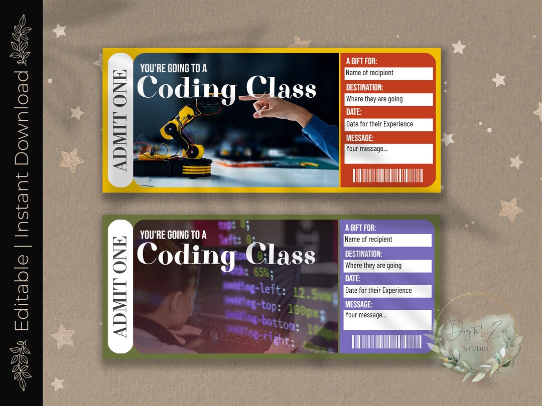 Printable CODING CLASS Surprise Reveal Ticket, PROGRAMMING Class, Gift ...