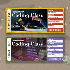 Könnte beinhalten: Zwei druckbare Eintrittskarten mit gelbem und grünem Hintergrund. Die Tickets sagen "You're going to a Coding Class" und zeigen Bilder eines Roboters und einer Person, die programmiert. Die Tickets haben Felder für ein Geschenk für, den Namen des Empfängers, das Ziel, das Datum und die Nachricht.