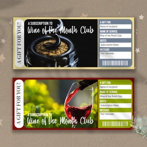 Printable WINE of the MONTH CLUB Surprise Reveal Ticket, Gift Voucher, Editable Ticket Template, Wine Lover, Wine Gift, Wine Delivery, diy