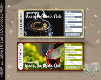 May include: Two printable gift certificates for a Wine of the Month Club subscription. The top certificate has a gold background with a picture of a wine bottle stopper. The bottom certificate has a red background with a picture of a glass of red wine. Both certificates have a section for the recipient's name, the name of the service, the subscription dates, and a message.