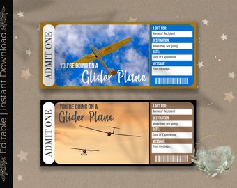 Printable GLIDER PLANE Surprise Reveal Ticket, Gift Voucher, SAILPLANE, Soaring, Aerobatic Ride, Glider Flight, Downloadable, Customizable