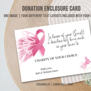 Printable DONATION ENCLOSURE CARD, Editable Breast Cancer Donation, Donation in the Name of, Charitable Donation, Donation in Honor of, Diy