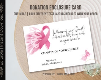 Printable DONATION ENCLOSURE CARD, Editable Breast Cancer Donation, Donation in the Name of, Charitable Donation, Donation in Honor of, Diy