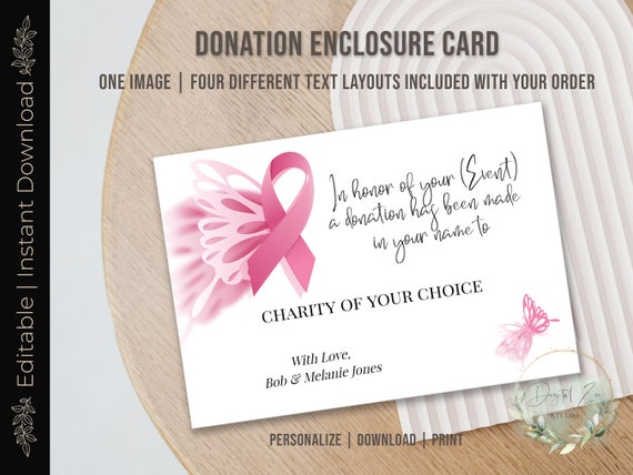 Printable DONATION ENCLOSURE CARD, Editable Breast Cancer Donation, Donation  in the Name Of, Charitable Donation, Donation in Honor Of, Diy - Etsy