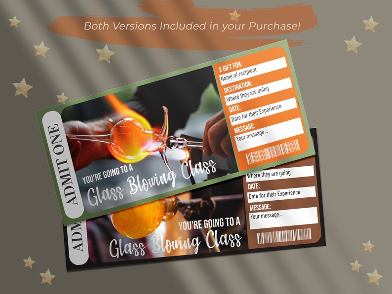 Printable GLASS BLOWING CLASS Surprise Experience Gift Reveal Ticket ...