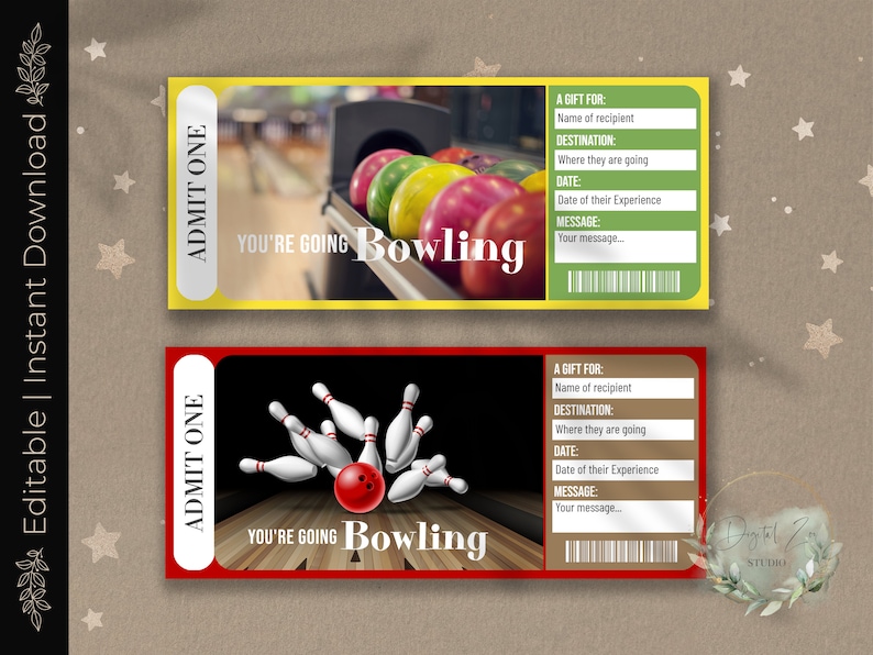 Printable BOWLING Surprise Reveal Ticket, Gift Voucher, Editable Event