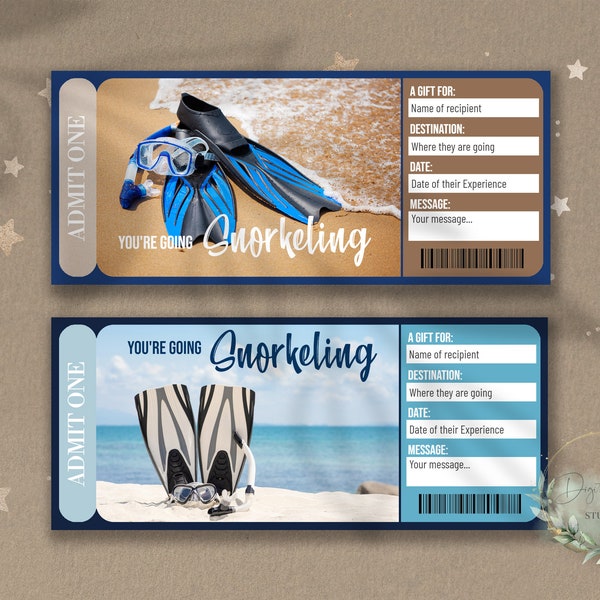 Printable SNORKELING Surprise Gift Reveal Ticket, Gift Voucher, Editable Event Ticket Template, SNORKEL, DIVE, Customizable, Download, diy