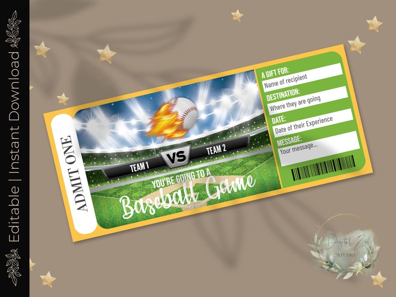 Printable BASEBALL GAME Surprise Reveal Ticket, Gift Voucher, Editable ...
