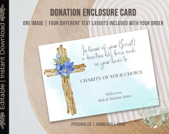 Printable Cross DONATION ENCLOSURE CARD, Editable Donation Card, Donation in the Name of, Charitable Donation, Donation in Honor of, Diy