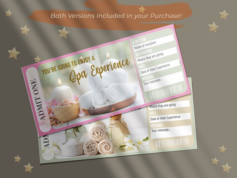 Printable SPA EXPERIENCE Surprise Reveal Ticket, Gift Voucher, Editable