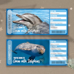 Printable SWIM WITH DOLPHINS Surprise Reveal Ticket, Gift Voucher, Editable Event Ticket Template, Dolphin Experience, Downloadable, Custom