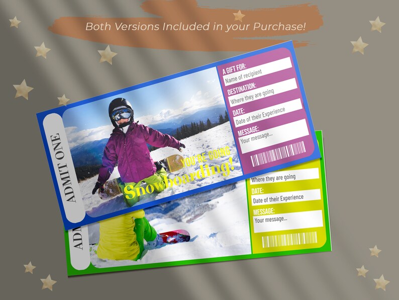 Printable KIDS SNOWBOARDING Surprise Reveal Ticket, Gift Voucher