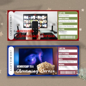 Könnte beinhalten: Zwei druckbare Geschenkgutscheine für eine Streaming-Dienst-Mitgliedschaft. Die Vorlagen sind rot und blau mit einem Fernsehbildschirm und Popcorn im Hintergrund. Der Text auf den Vorlagen lautet "Ein Geschenk für dich!" und "Mitgliedschaft bei einem Streaming-Dienst".