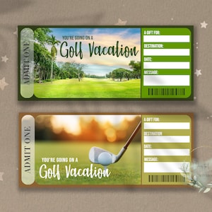 Afdrukbare GOLFVAKANTIE Surprise Reveal Ticket, Cadeaubon, Bewerkbare evenementticketsjabloon, GOLFreis, Reiscadeau, Download