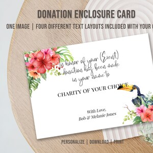 Printable Tropical DONATION ENCLOSURE CARD, Editable Donation Card, Donation in the Name of, Charitable Donation, Donation in Honor of, Diy