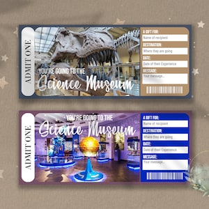 Bilhete surpresa revelador do MUSEU DE CIÊNCIAS para impressão, vale-presente, modelo de ingresso para evento editável, centro de ciências, planaterium, para download