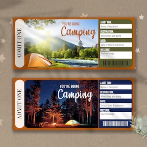 VIAJE DE CAMPING imprimible Boleto de revelación sorpresa, Vale de regalo CAMPING, Plantilla de boleto de evento editable, Viaje al desierto, Descargar, diy