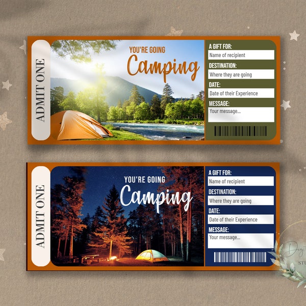 Printable CAMPING TRIP Surprise Reveal Ticket, CAMPING Gift Voucher, Editable Event Ticket Template, Wilderness Trip, Download, diy