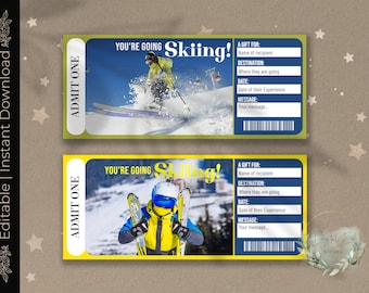 Puede incluir: Dos boletos imprimibles amarillos y azules con el texto "You're going Skiing!" y "ADMIT ONE" en ellos. Los boletos tienen un espacio para completar el nombre del destinatario, el destino, la fecha y un mensaje.