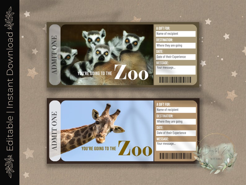 Printable Visit to a ZOO Surprise Reveal Ticket, Gift Voucher, Zoo Trip