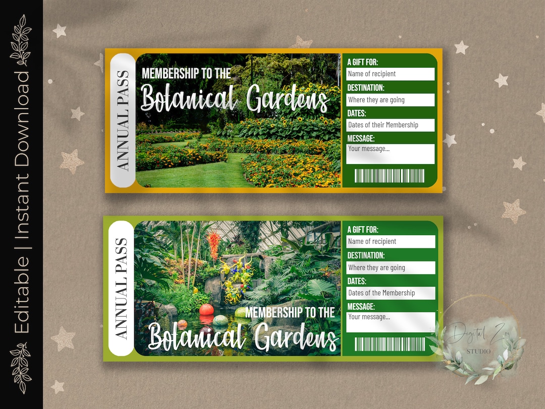 Printable BOTANICAL GARDENS MEMBERSHIP Surprise Reveal Ticket, Gift