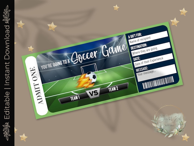 Printable SOCCER GAME Surprise Reveal Ticket, Gift Voucher, Editable