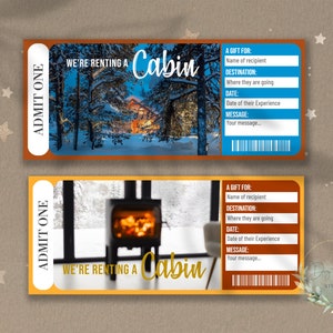 VACACIONES DE ALQUILER DE CABINA imprimible Boleto de revelación sorpresa, Vale de regalo, Plantilla de boleto de evento editable, Vacaciones de invierno, Descargable, diy