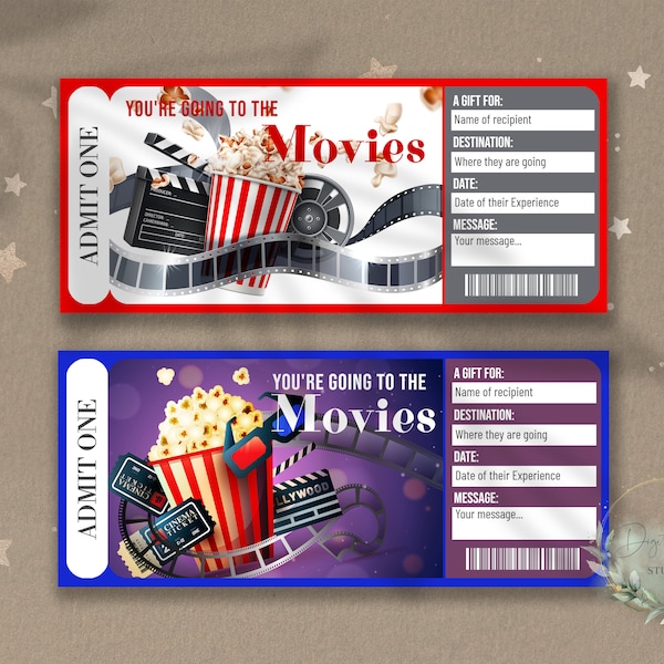 Printable MOVIE Surprise Reveal Ticket, Gift Voucher, Editable Event Ticket Template, Show, Movie Theater, Movie Tickets, Downloadable, diy