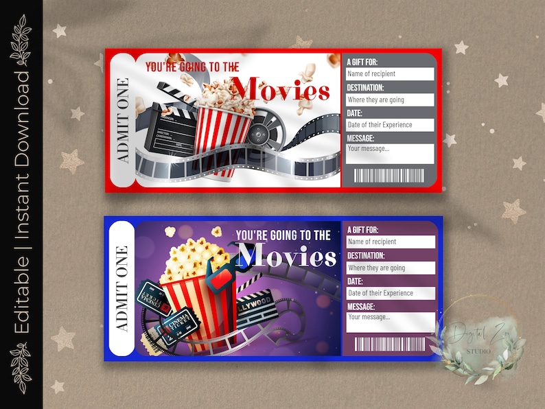 Printable MOVIE Surprise Reveal Ticket, Gift Voucher, Editable Event