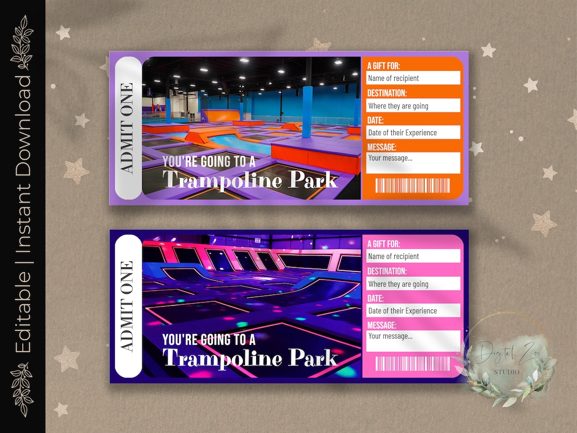 Printable INDOOR TRAMPOLINE PARK Surprise Reveal Ticket, Gift Voucher
