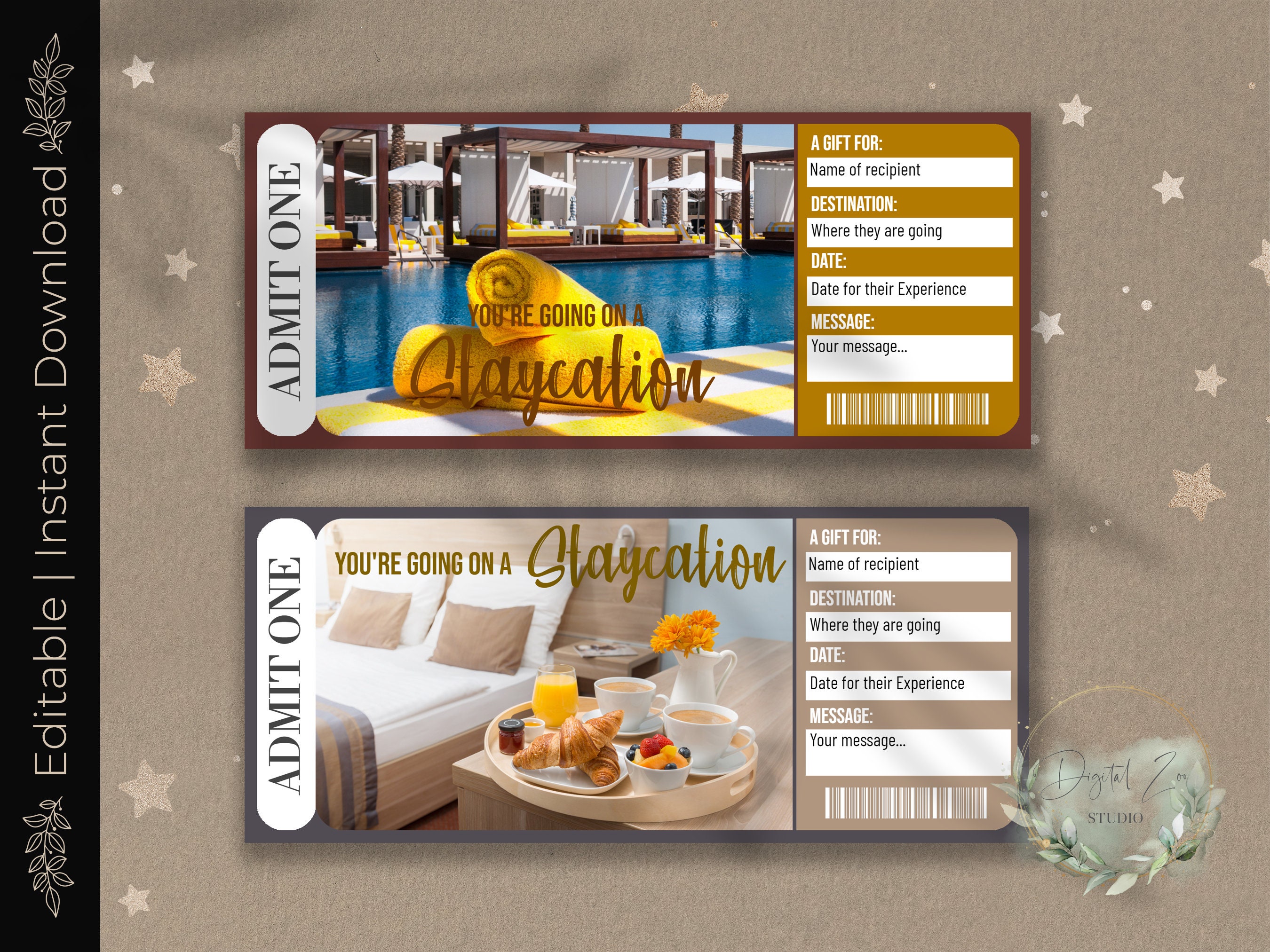Printable STAYCATION Surprise Reveal Ticket, Gift Voucher, Editable Event Ticket Template ...